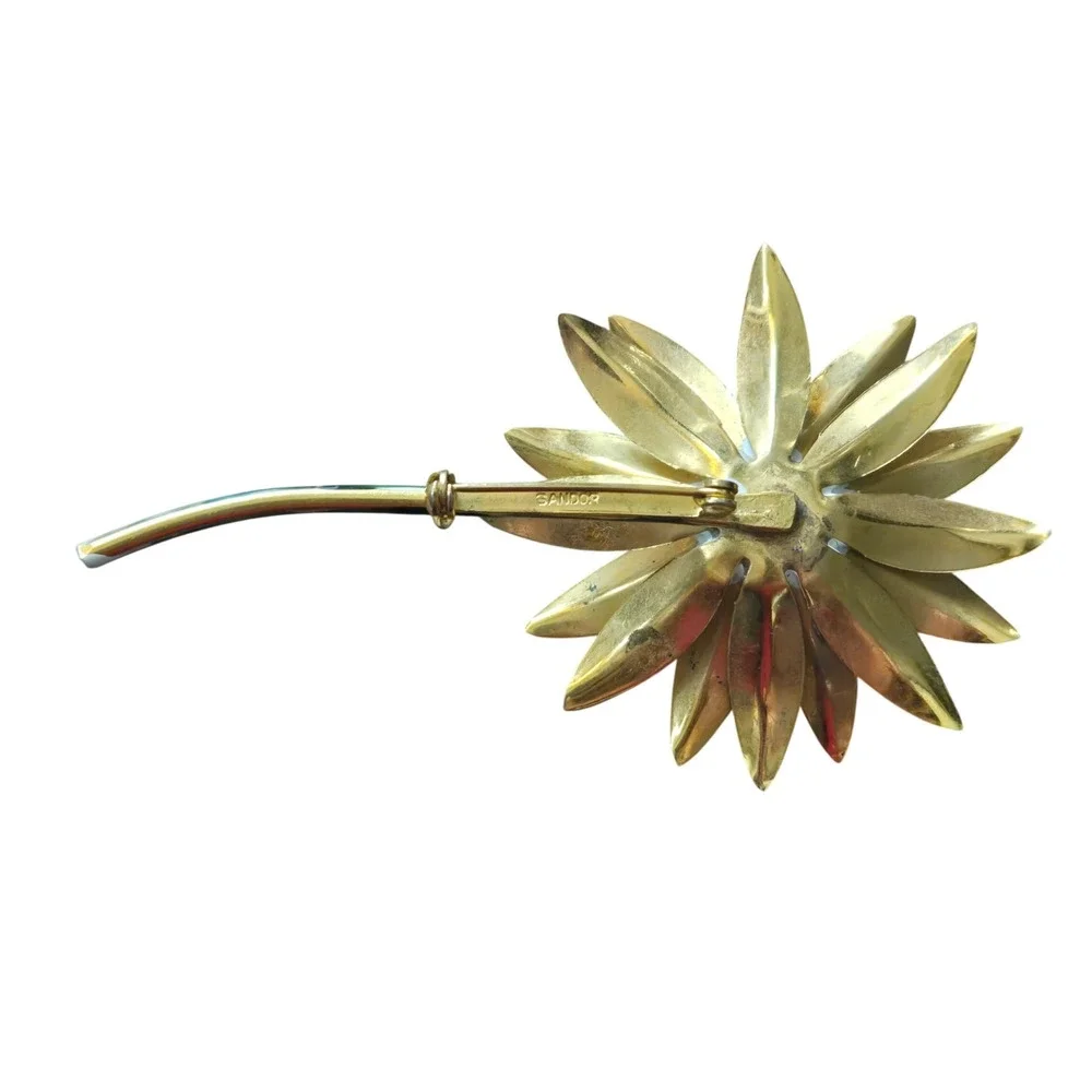 Vintage Signed Sandor Mid century‎ Enamel White Daisy Pin Brooch 1950's